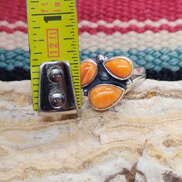 Southwest Sterling Silver Triple Stone Orange Spiny Oyster Ring Size 8 OOAK - Picture 4 of 6